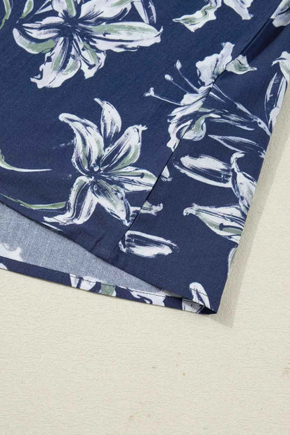 Sarah Express Women's Floral Print Puff Sleeve V-Neck Blouse with Striped Trim