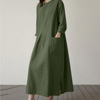 Sarah Express Women's Autumn Solid Color Elegant Cotton Dress Long Sleeve Wide Waist Basic Maxi Dress