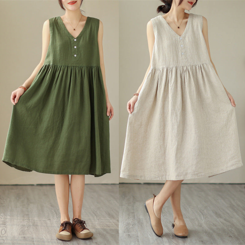 Sarah Express Women's Cotton Linen V-Neck Sleeveless Midi Dress Japanese Style Loose Fit Summer