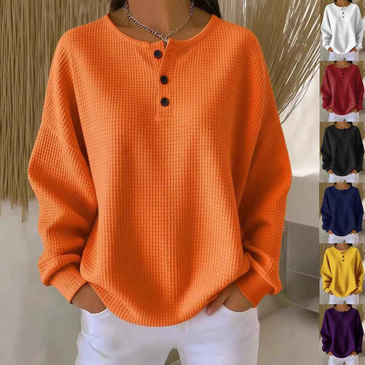 Sarah Express Women's Waffle Knit Long Sleeve Top - Button Detail Round Neck Pullover Shirt