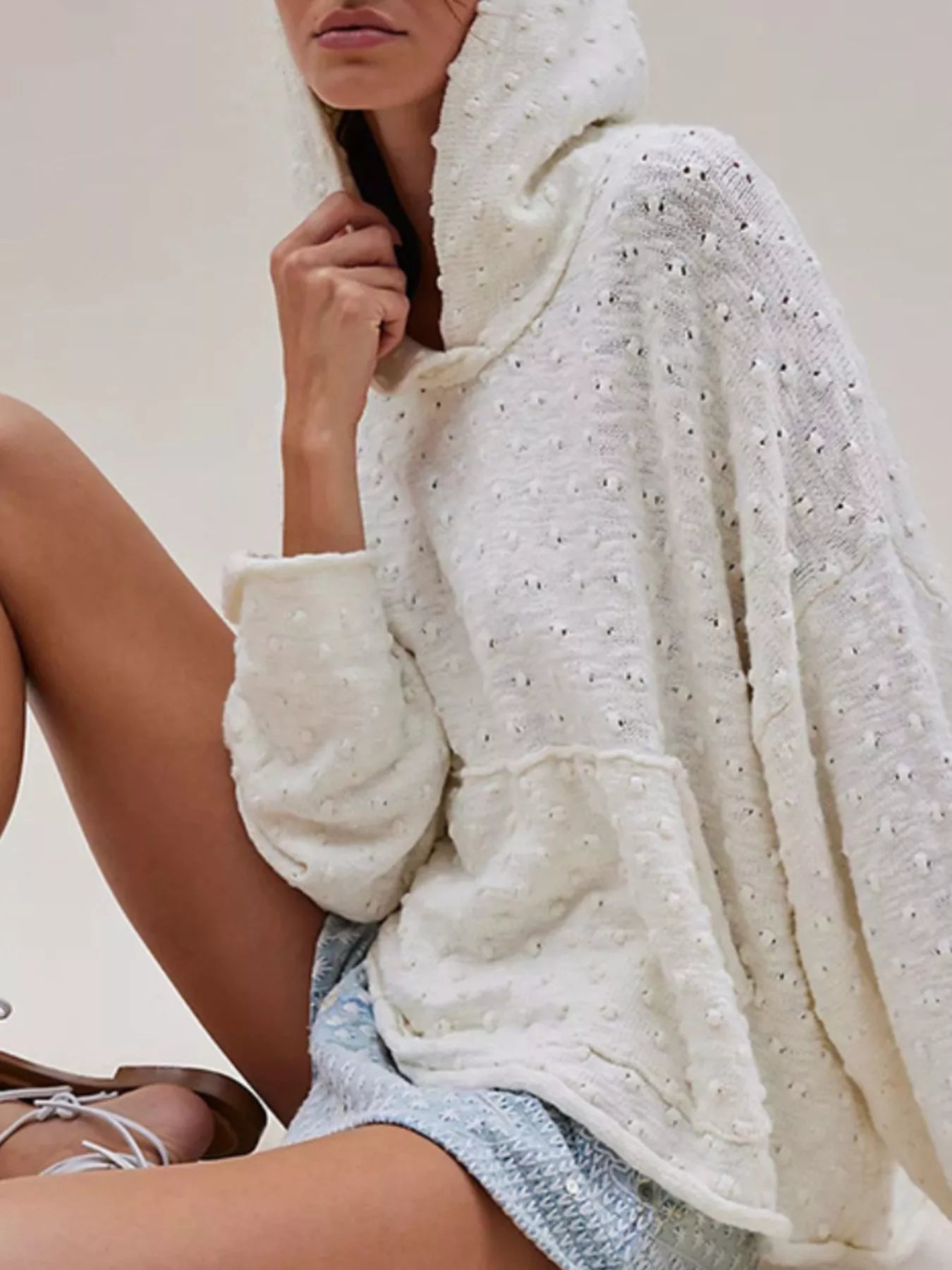 Sarah Express Women's Textured Dot Knit Long Sleeve Hooded Sweater Gray white