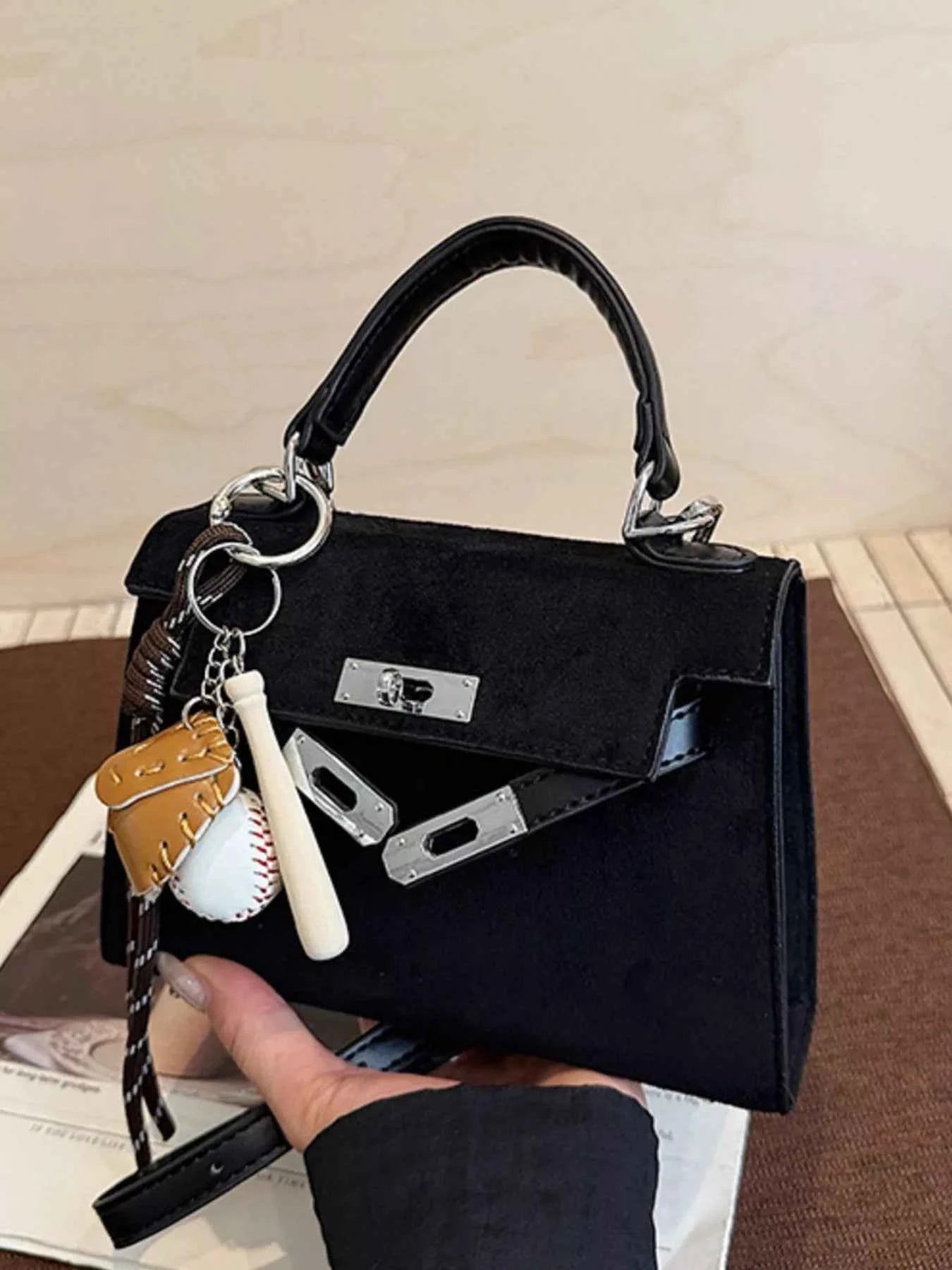 Sarah Express Women's Mini Crossbody Bag with Baseball Charm - Suede Shoulder Bag