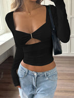 Sarah Express Women's Cut-Out Long Sleeve Crop T-Shirt