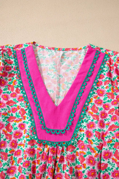 Sarah Express Women's Floral Print V Neck Mini Dress Short Bubble Sleeve Patchwork