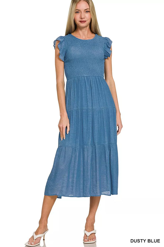Sarah Express Women's Woven Smocked Ruffle Sleeve Midi Dress DUSTY BLUE