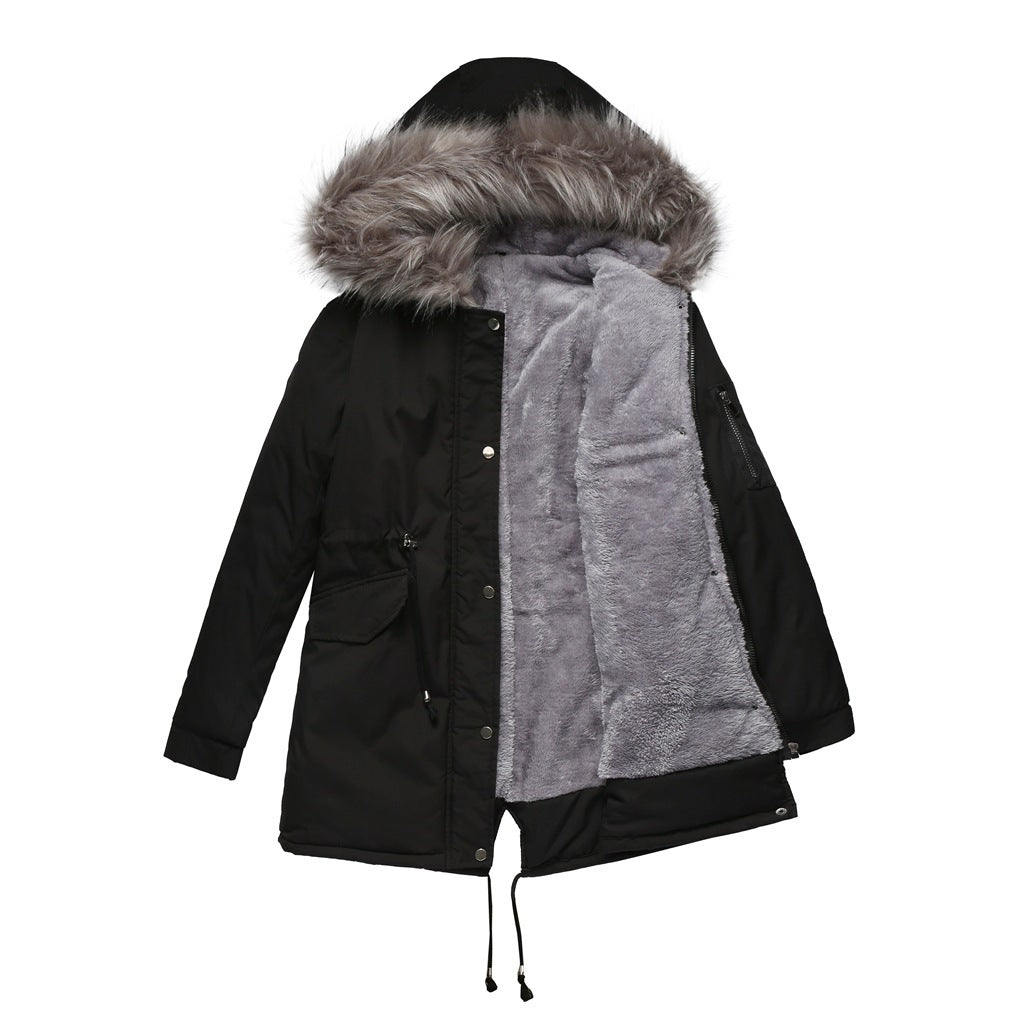 Sarah Express Women's Mid-Length Cotton Padded Hooded Parka Coat Loose Fit Winter Jacket