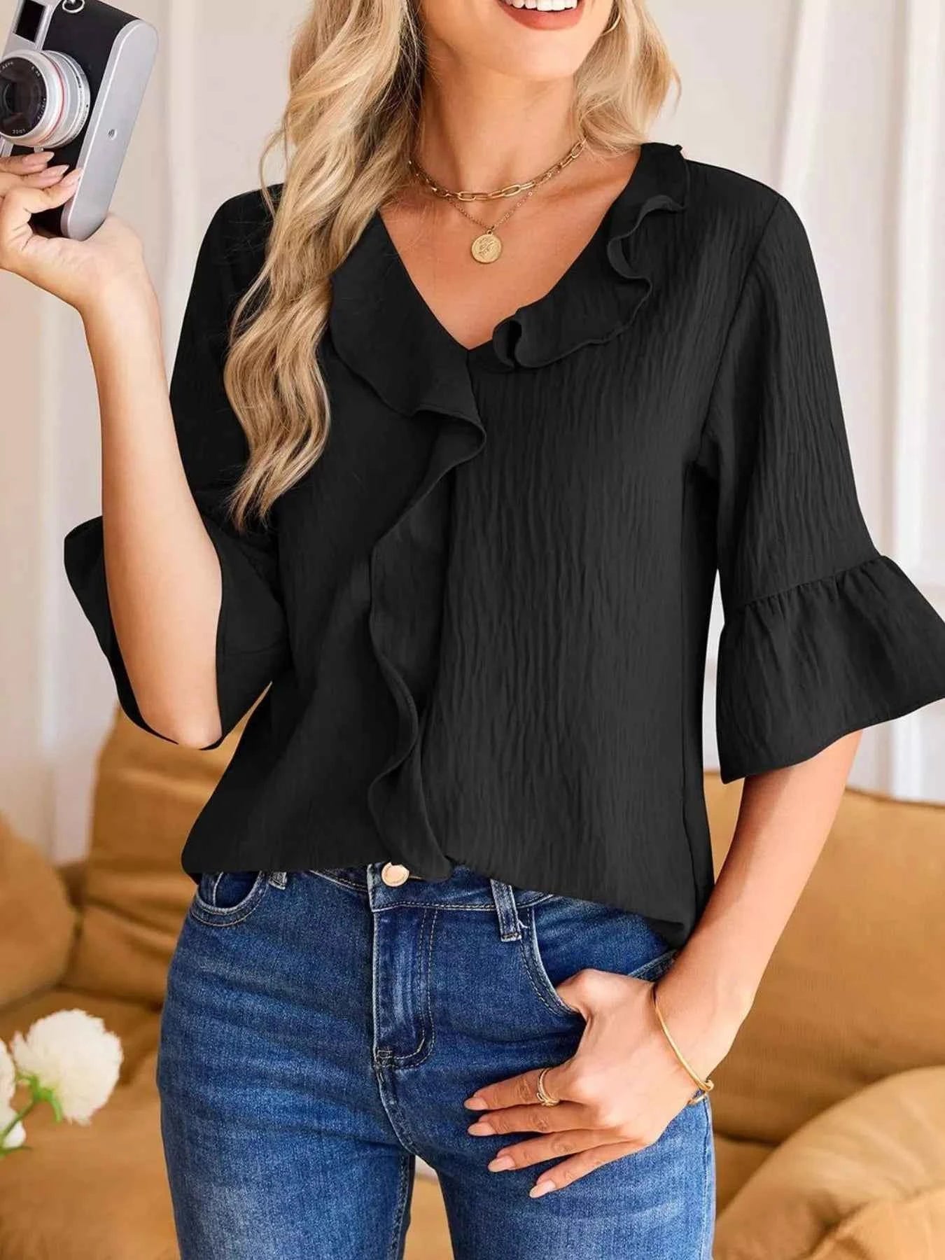 Sarah Express Women's Ruffled Flounce Sleeve Blouse - Elegant Polyester Top