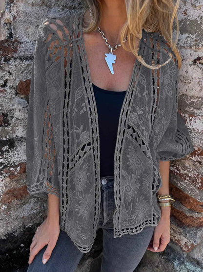 Sarah Express Women's Embroidered Lace Open Front Cardigan Plus Size Gray