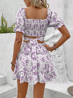 Sarah Express Women's Ditsy Floral Two-Piece Dress Set - Square Neck Bubble Sleeve Top & Skirt