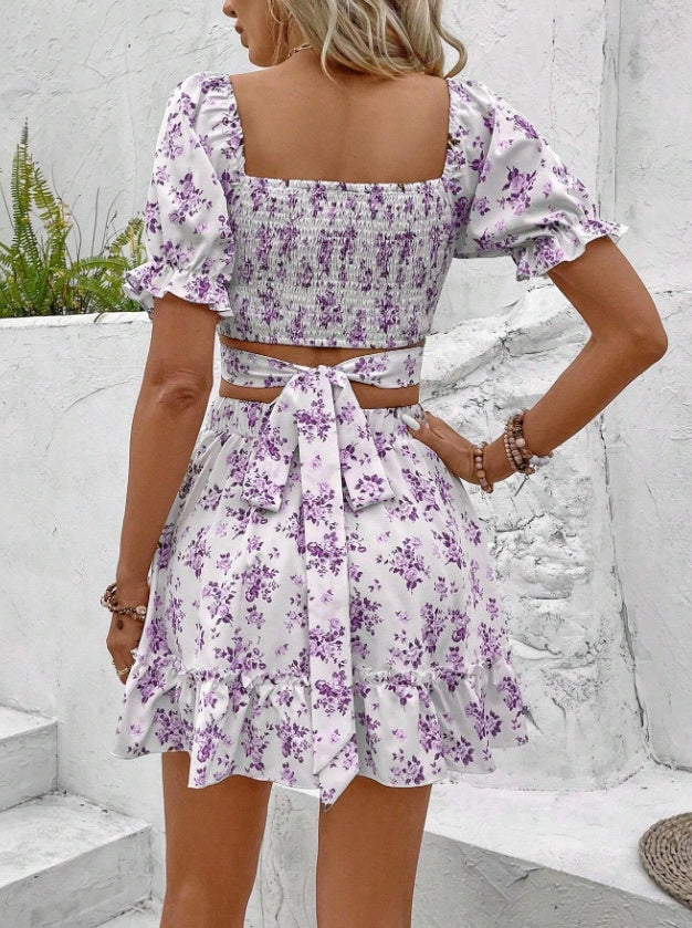 Sarah Express Women's Ditsy Floral Two-Piece Dress Set - Square Neck Bubble Sleeve Top & Skirt