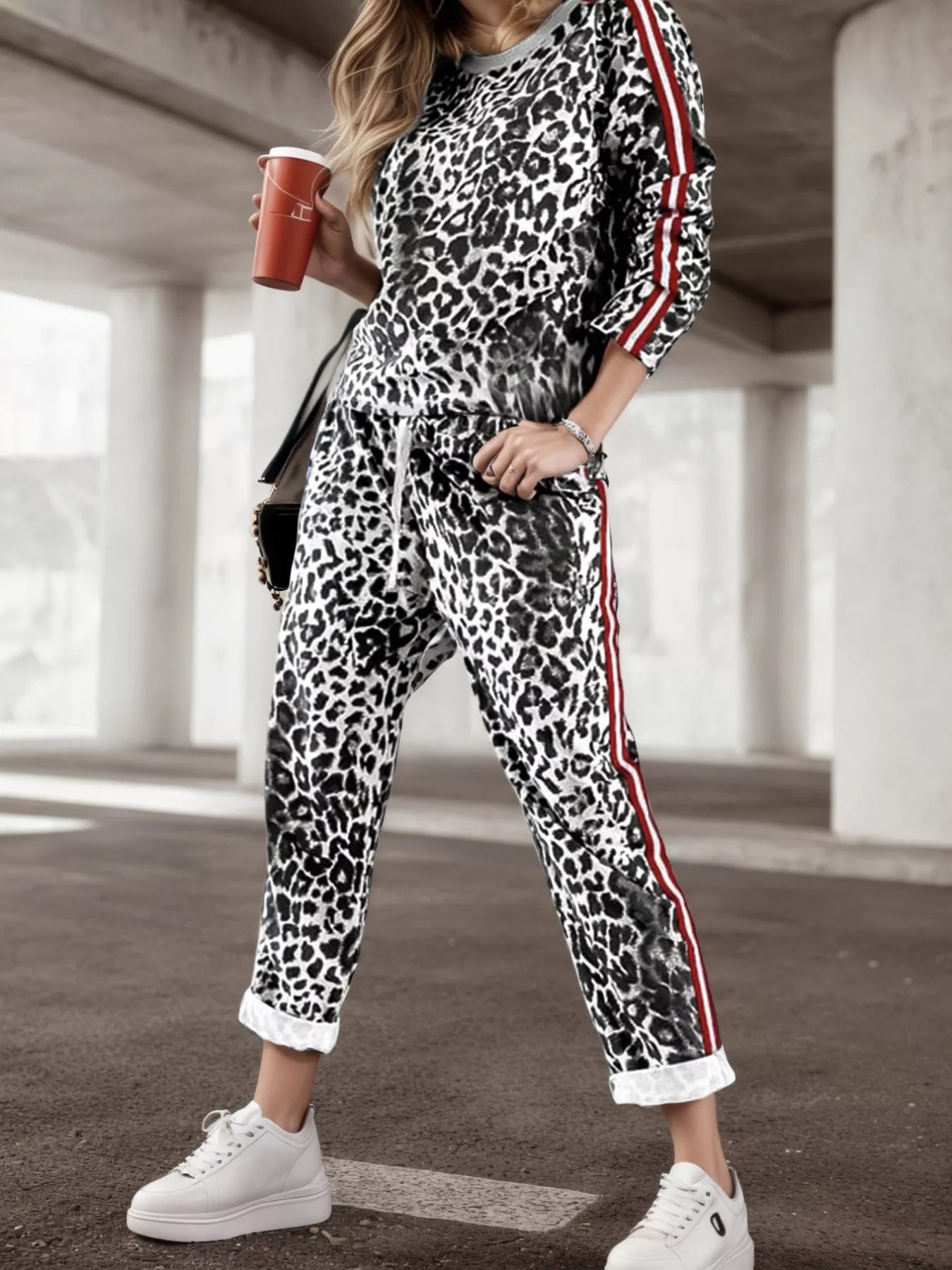 Sarah Express Women's Stripe Leopard Print Top and Pants Set White