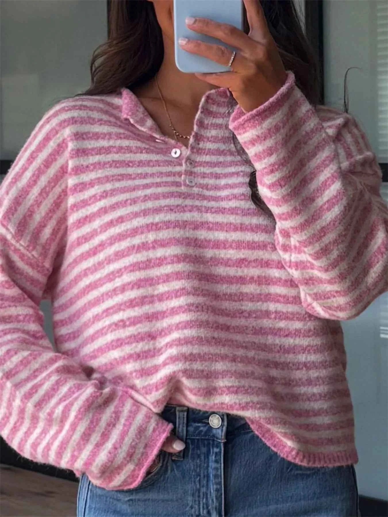 Sarah Express Women's Striped Button Detail Sweater - Dropped Shoulder Knit Top