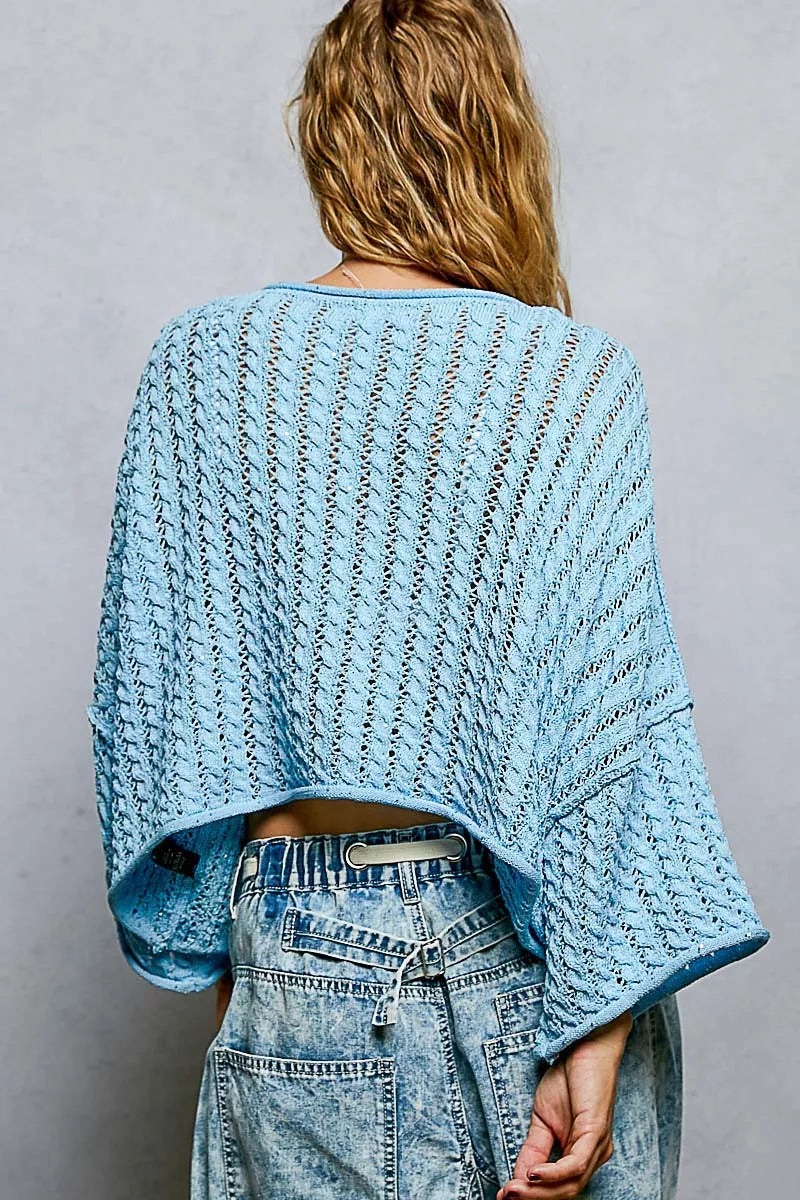 Sarah Express Women's Cable-Knit Openwork Round Neck Cropped Sweater