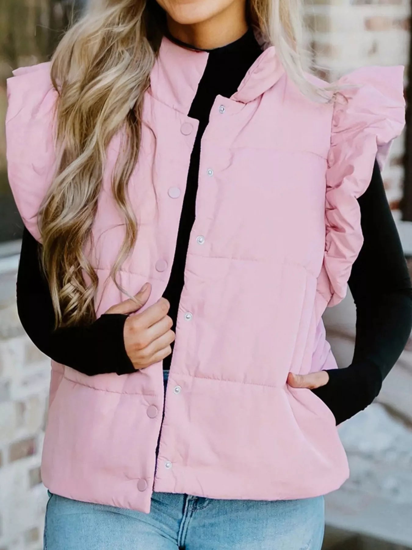 Sarah Express Women's Stand Neck Flutter Sleeve Snap Button Puffer Vest