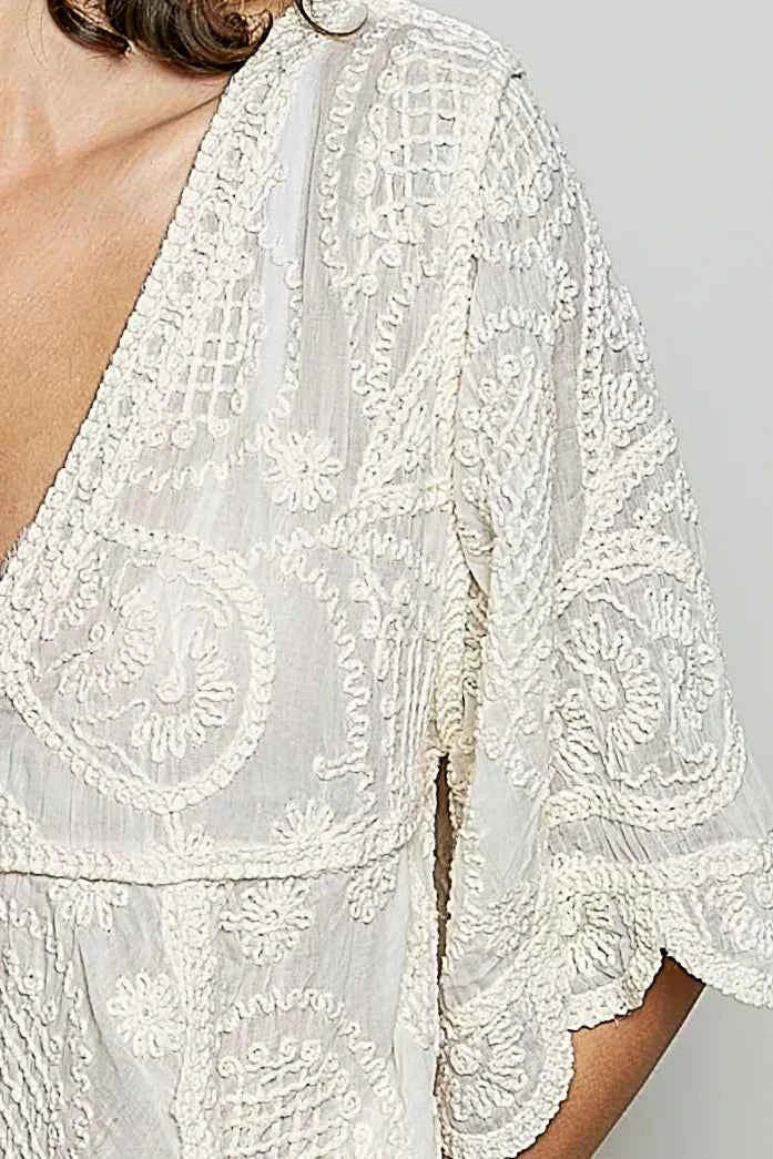 Sarah Express Women's V-Neck Crochet Blouse with Scalloped Hem - Vintage Boho Top