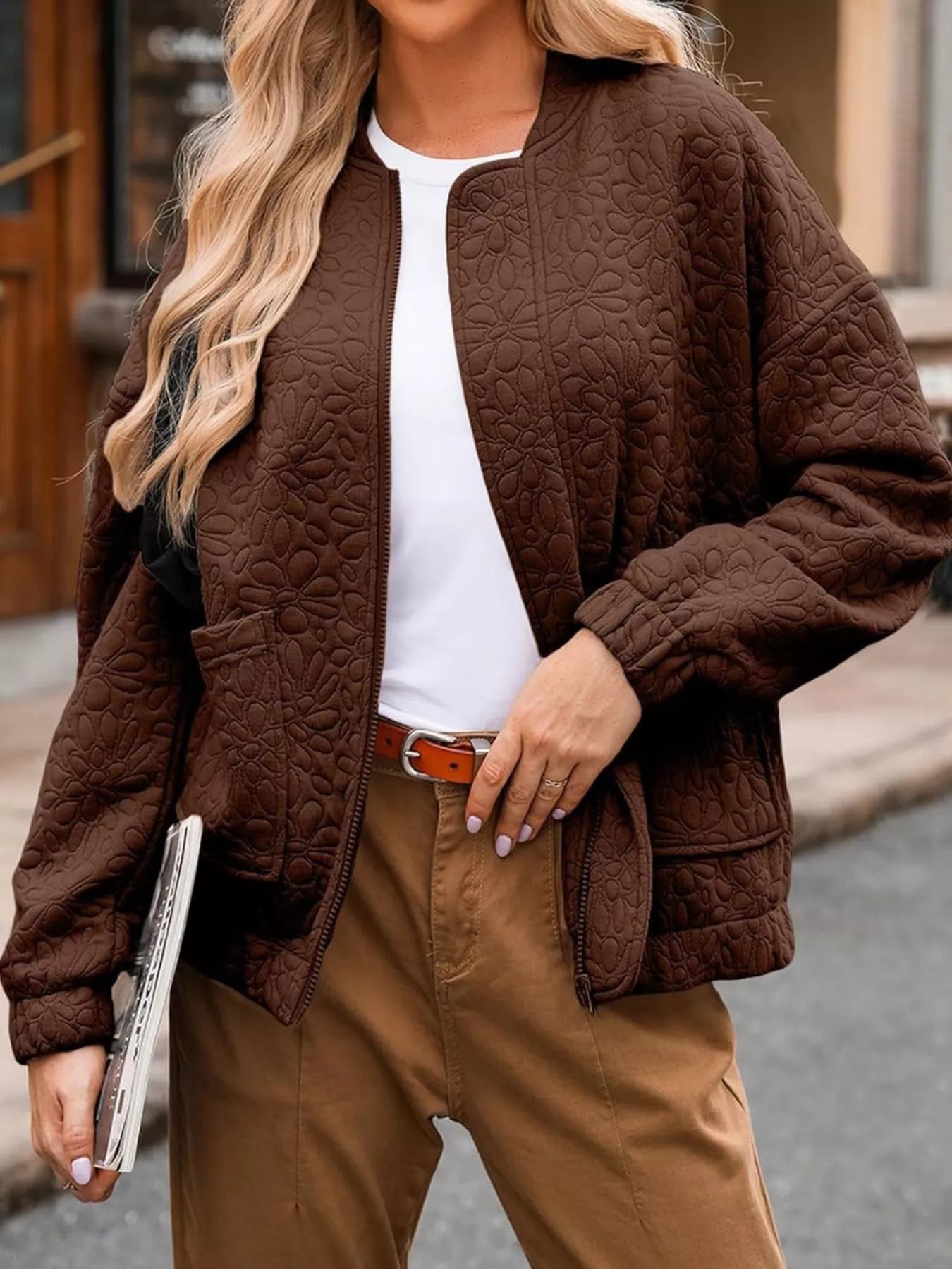 Sarah Express Women's Floral Quilted Zip Up Jacket Plus Size Dark Brown