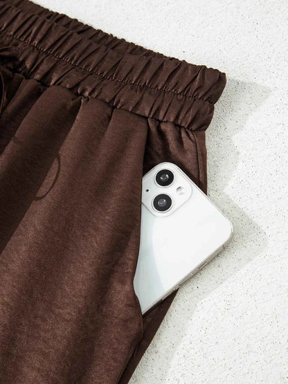 Sarah Express Women's Braided V-Neck Long Sleeve Top and Drawstring High Waist Pants Set