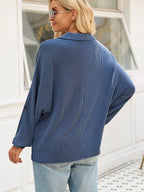 Sarah Express Women's Oversized Twist Ribbed Collared Henley Top with Roll Up Sleeve