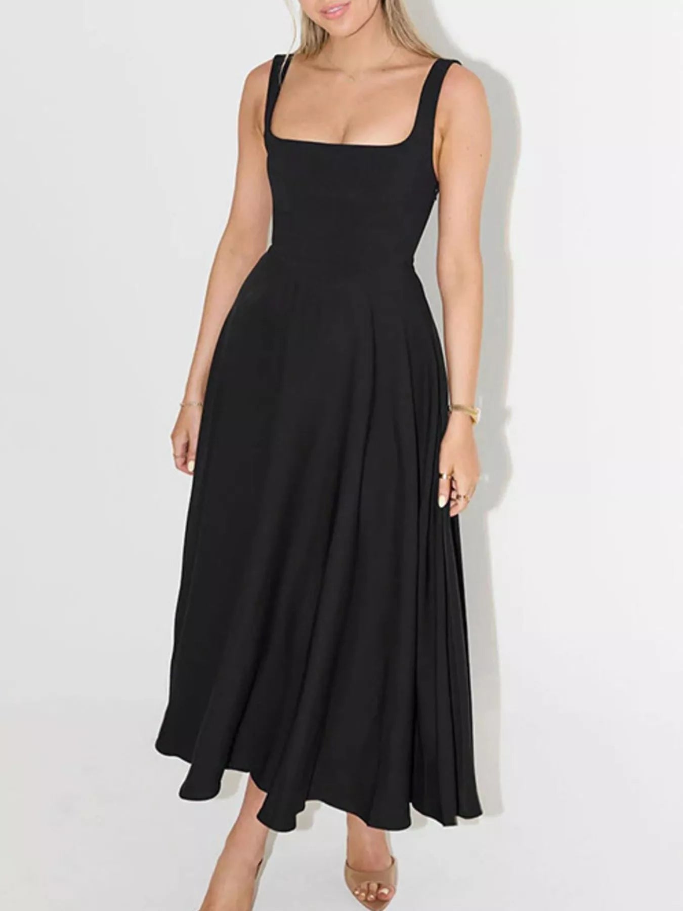 Sarah Express Women's Square Neck Wide Strap A-Line Dress Cotton Blend Casual Midi Dress Black