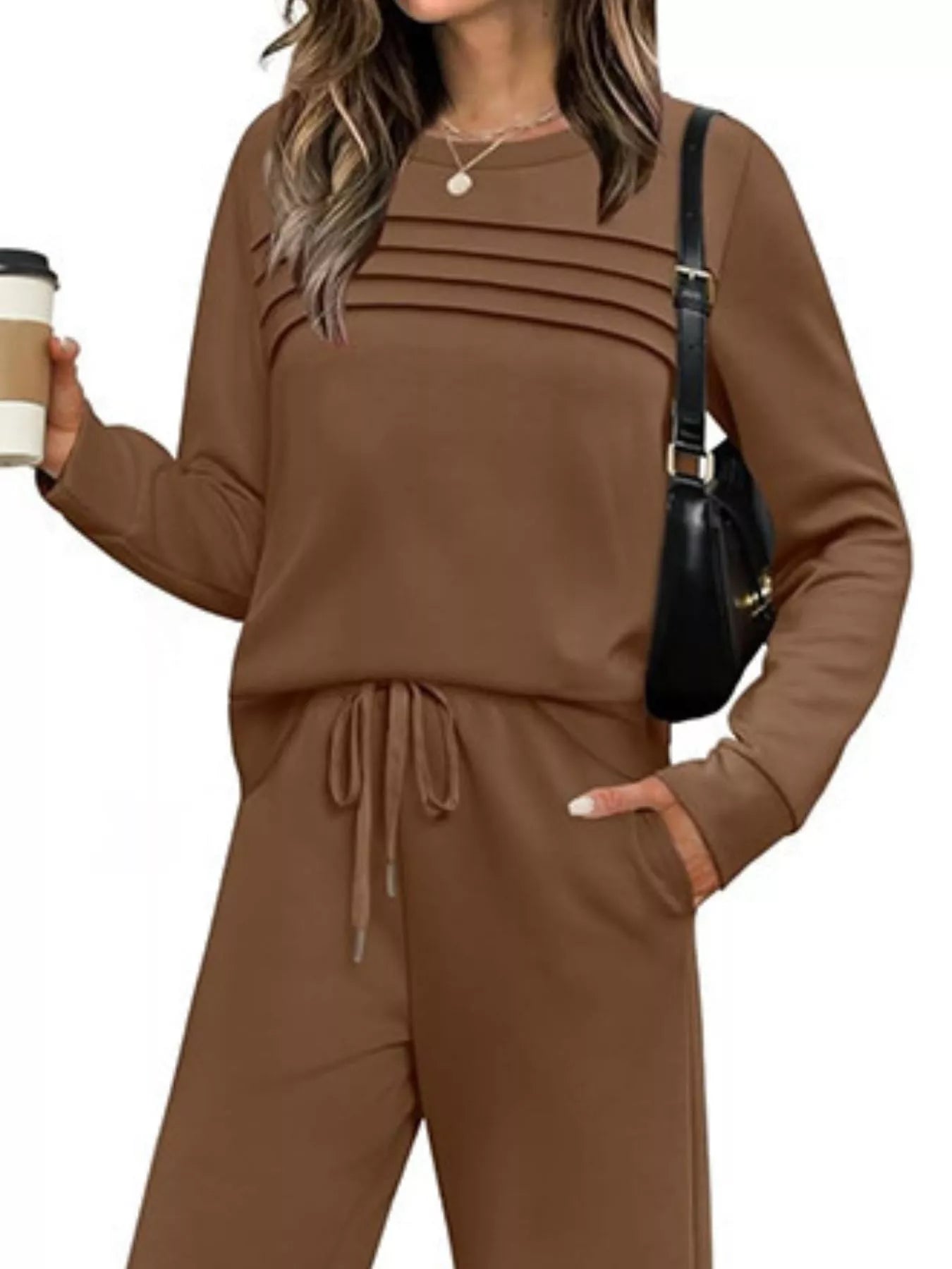 Sarah Express Women's Plus Size Round Neck Long Sleeve Top and Pants Lounge Set - Two Piece