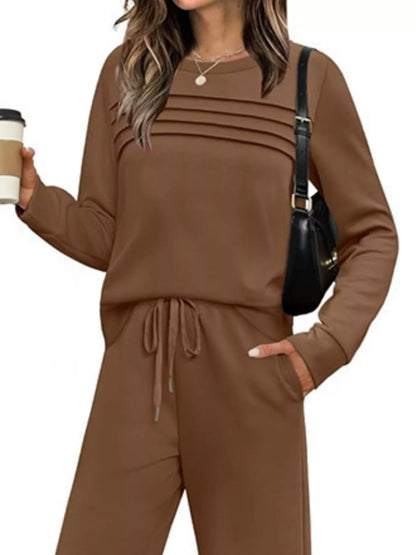 Sarah Express Women's Plus Size Round Neck Long Sleeve Top and Pants Lounge Set - Two Piece