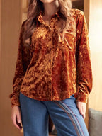 Sarah Express Women's Velvet Button-Down Long Sleeve Shirt