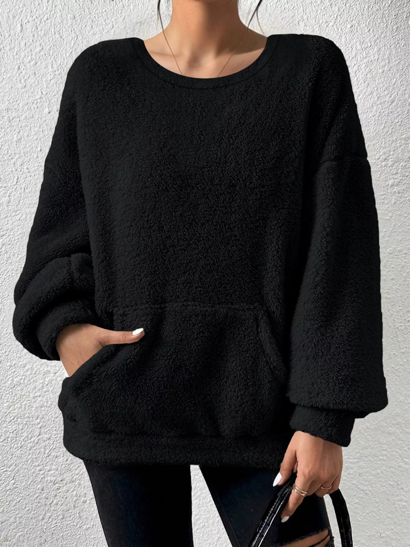 Sarah Express Women's Fleece Round Neck Dropped Shoulder Sweatshirt Plus Size Black