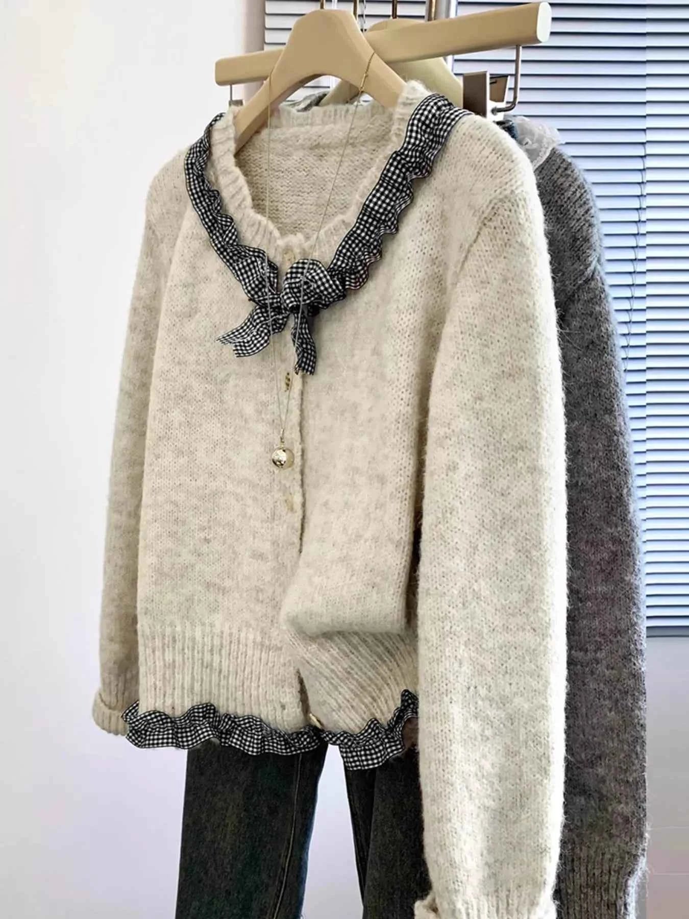 Sarah Express Women's Ruffle Trim Button Up Cardigan - Cozy Knit Sweater Apricot One Size