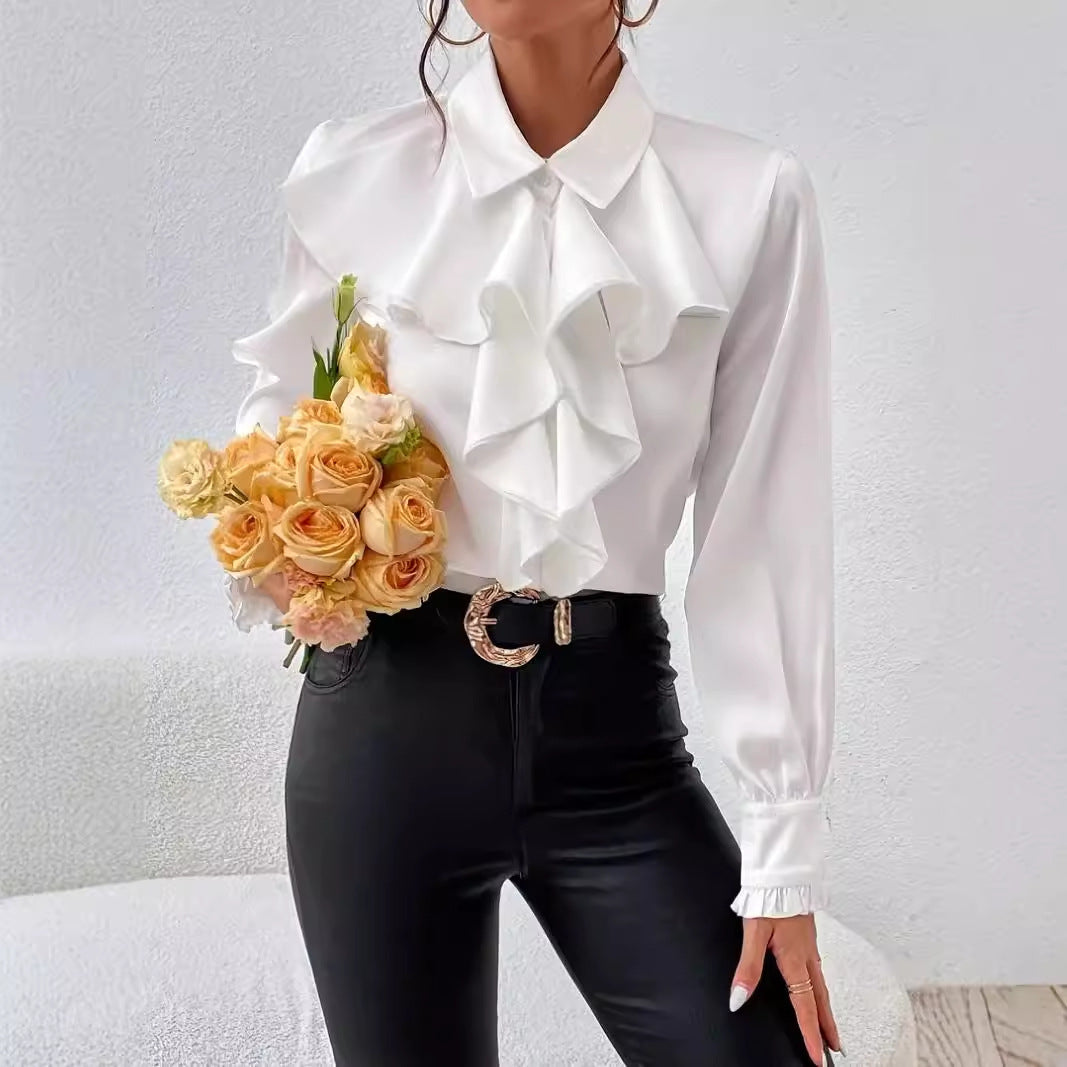 Sarah Express Women's Ruffled Long Sleeve Blouse Professional Work Shirt