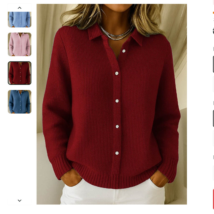 Sarah Express Women's Button Knit Cardigan Sweater - Long Sleeve Lapel Collar Winter Jumper Wine Red