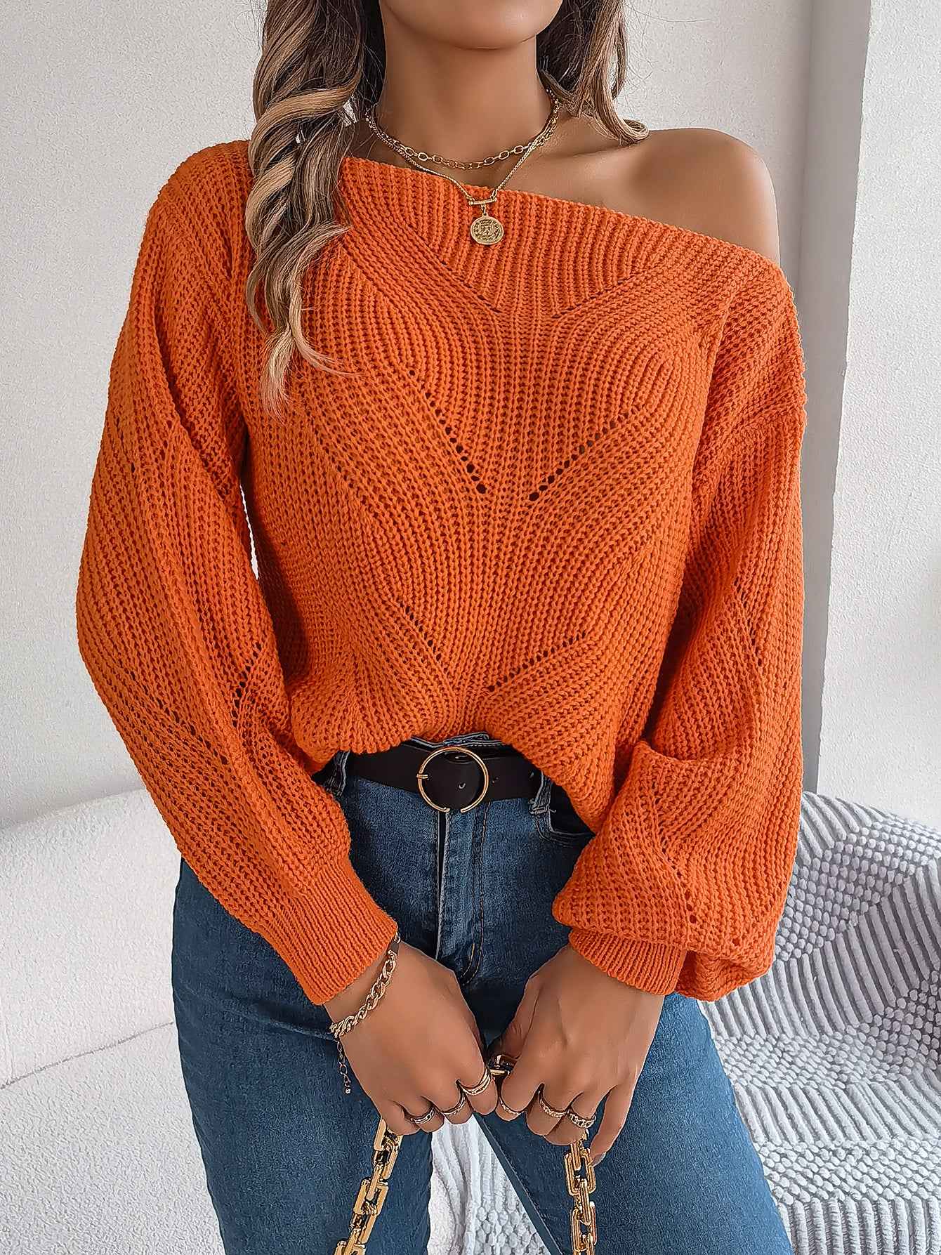 Sarah Express Women's Off-Shoulder Hollow Out Lantern Sleeve Sweater Orange