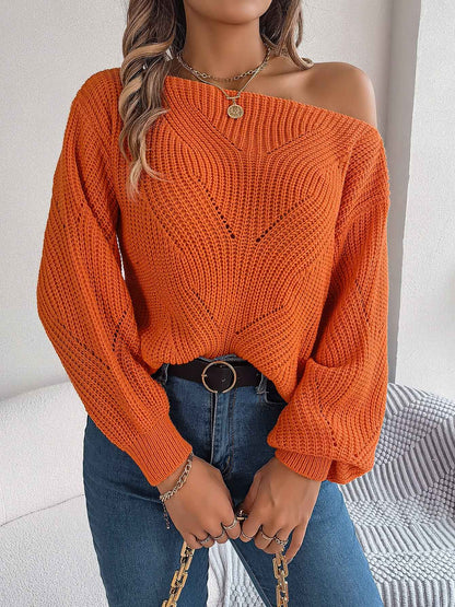 Sarah Express Women's Off-Shoulder Hollow Out Lantern Sleeve Sweater Orange