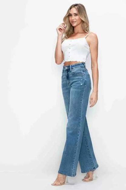 Sarah Express Women's High Rise Wide Leg Jeans with Pockets - Premium Stretch Denim