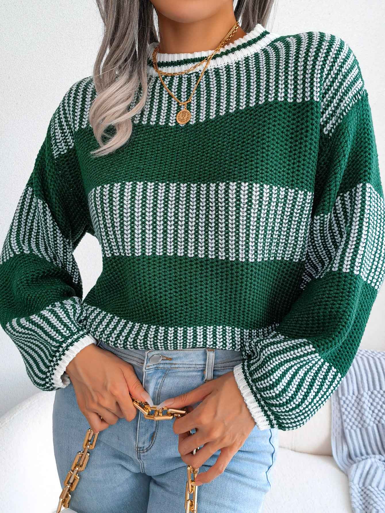 Sarah Express Women's Color Block Striped Knit Sweater - Long Sleeve Casual Pullover