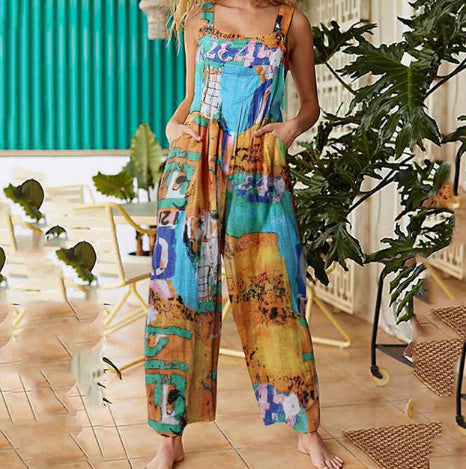Sarah Express Women's Patchwork Printed Button Suspender Jumpsuit Loose Fit Cotton Blend Casual Overall