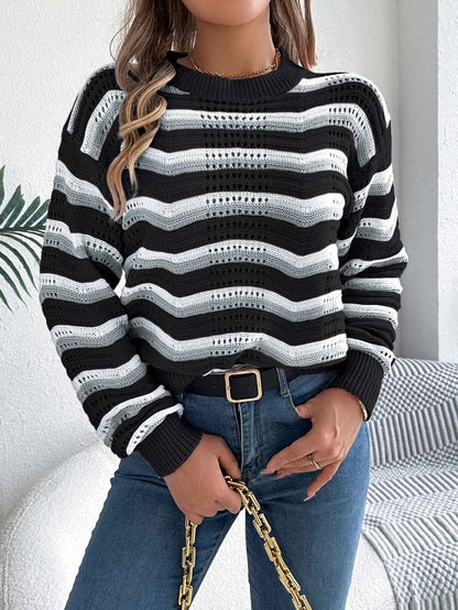 Sarah Express Women's Hollow Out Color Block Stripe Lantern Sleeve Pullover Sweater Black