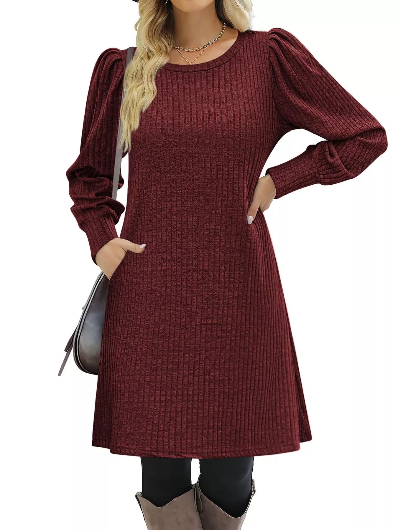 Sarah Express Women's Ribbed Knit Puff Sleeve Mini Dress