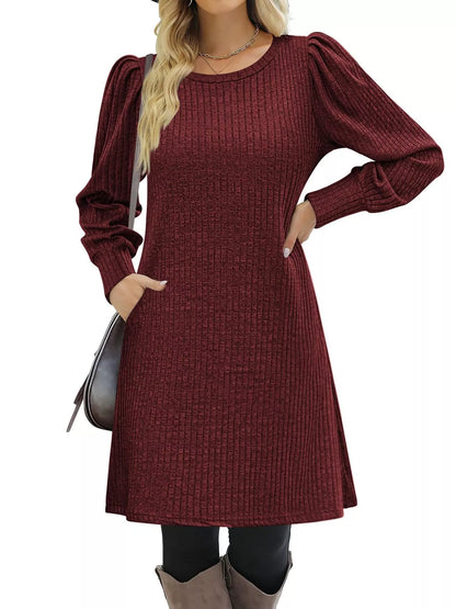 Sarah Express Women's Ribbed Knit Puff Sleeve Mini Dress