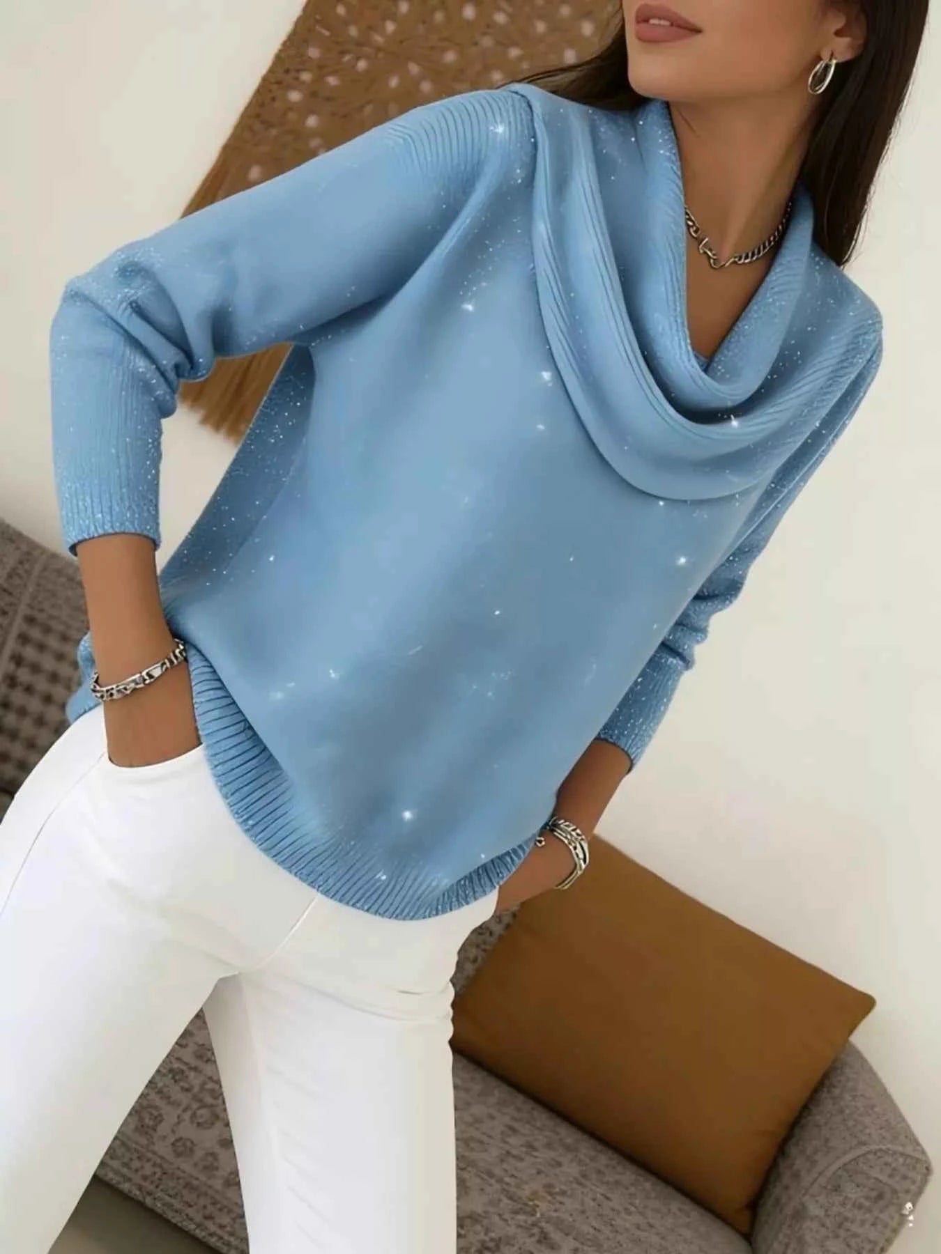 Sarah Express Women's Glitter Cowl Neck Long Sleeve Sweater Plus Size