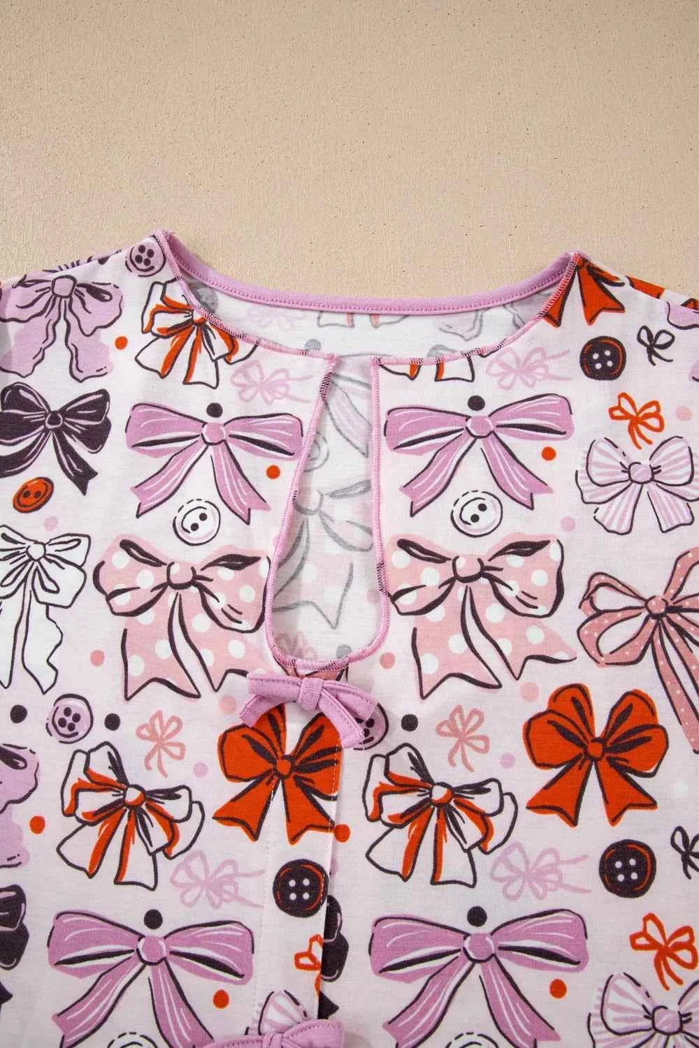 Sarah Express Women's Bow Print Short Sleeve Pajama Set - Button Front Shirt & Pants Sleepwear