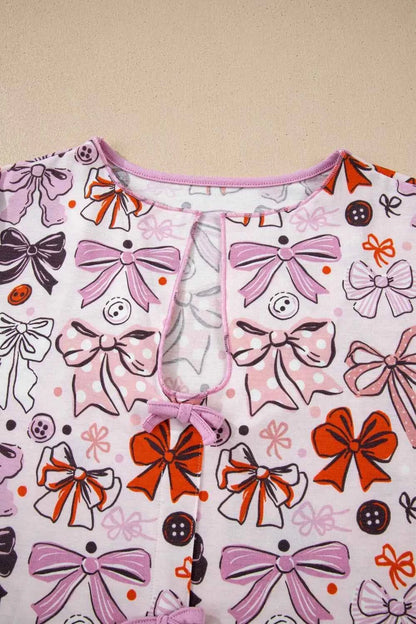 Sarah Express Women's Bow Print Short Sleeve Pajama Set - Button Front Shirt & Pants Sleepwear