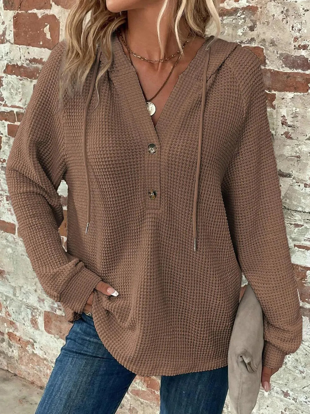 Sarah Express Women's Waffle Knit Long Sleeve Drawstring Hooded Top Taupe