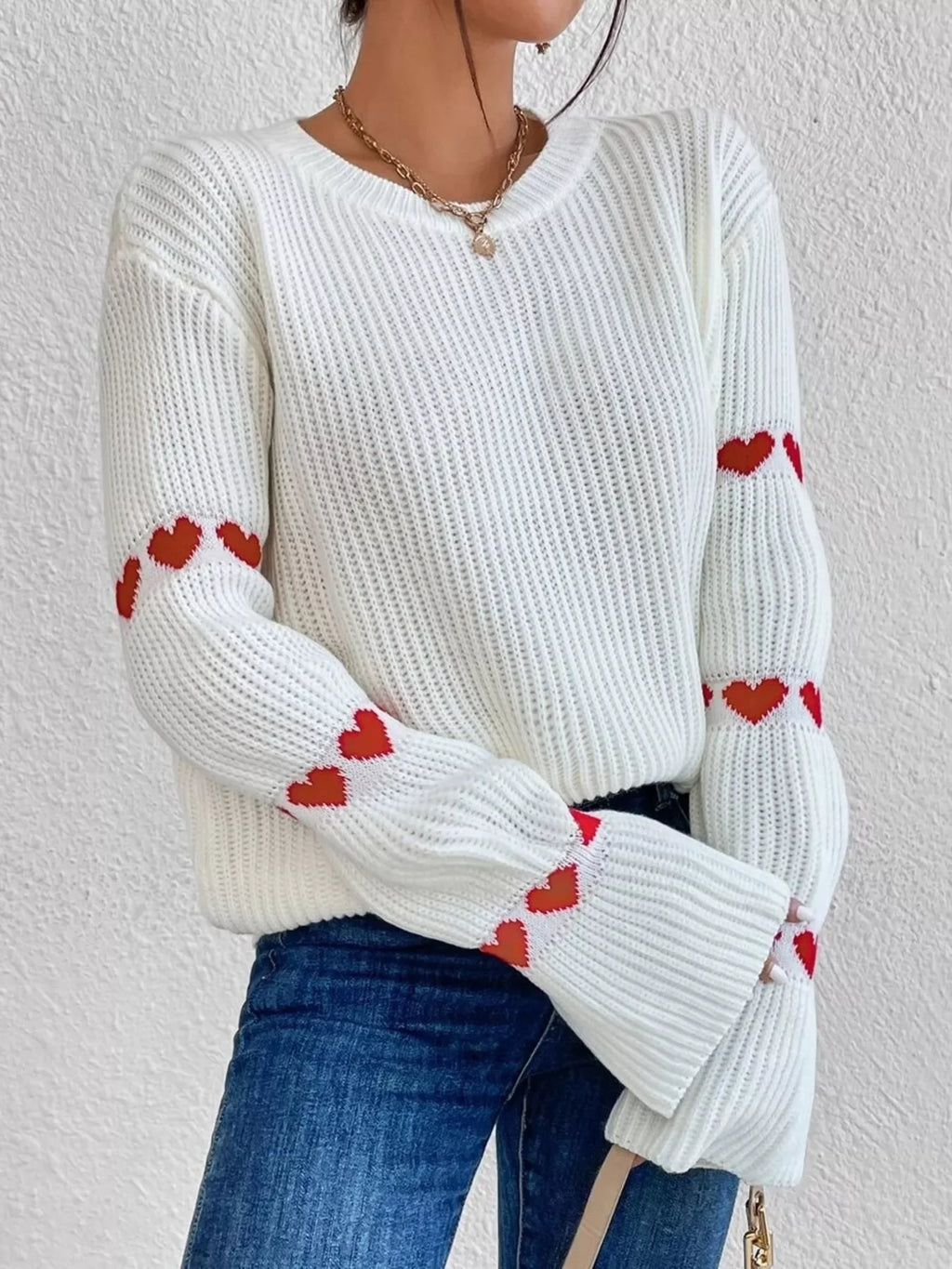Sarah Express Women's Heart Pattern Round Neck Sweater White