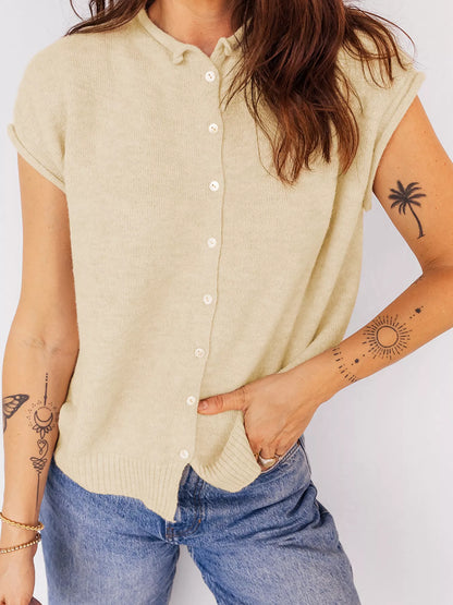 Sarah Express Women's Buttoned Front Rolled Hem Cap Sleeve Sweater Top