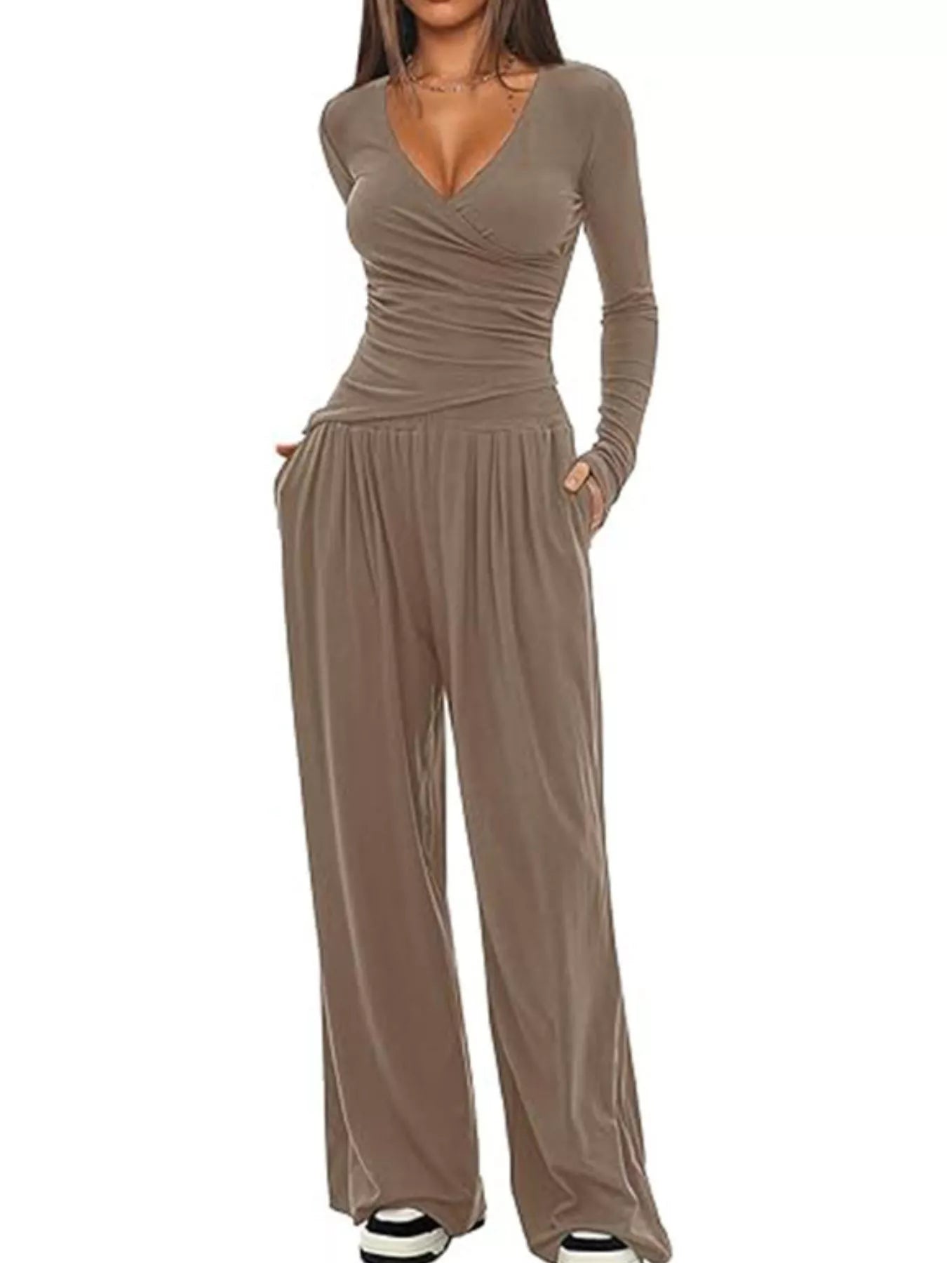Sarah Express Women's Long Sleeve Top and Wide Leg Pants Set