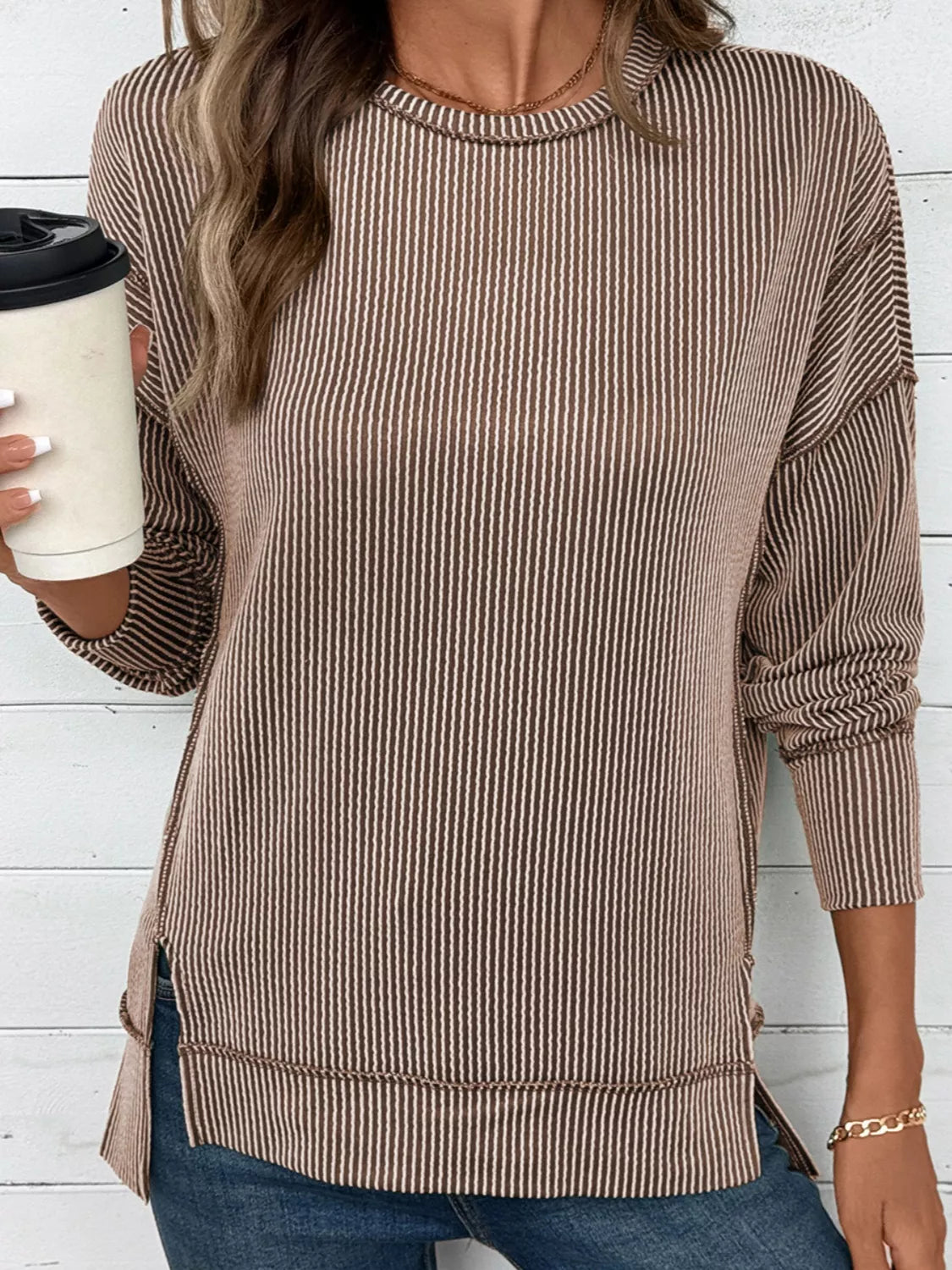 Sarah Express Women's Side Slit Round Neck Sweatshirt