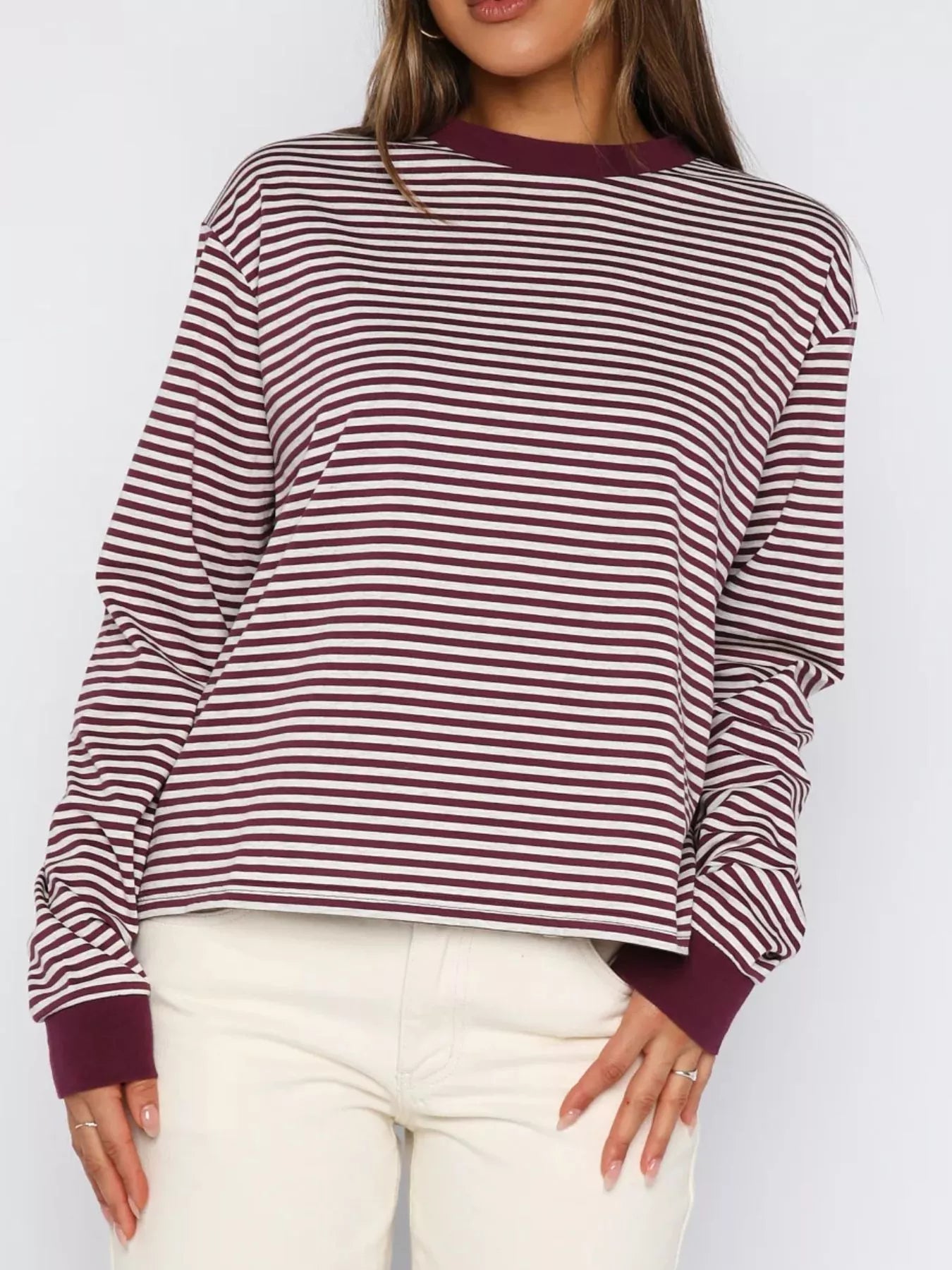 Sarah Express Women's Striped Oversized Round Neck Sweatshirt Burgundy