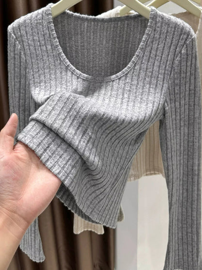 Trendsi Women's Ribbed Knit Slim Fit Long Sleeve T-Shirt Gray