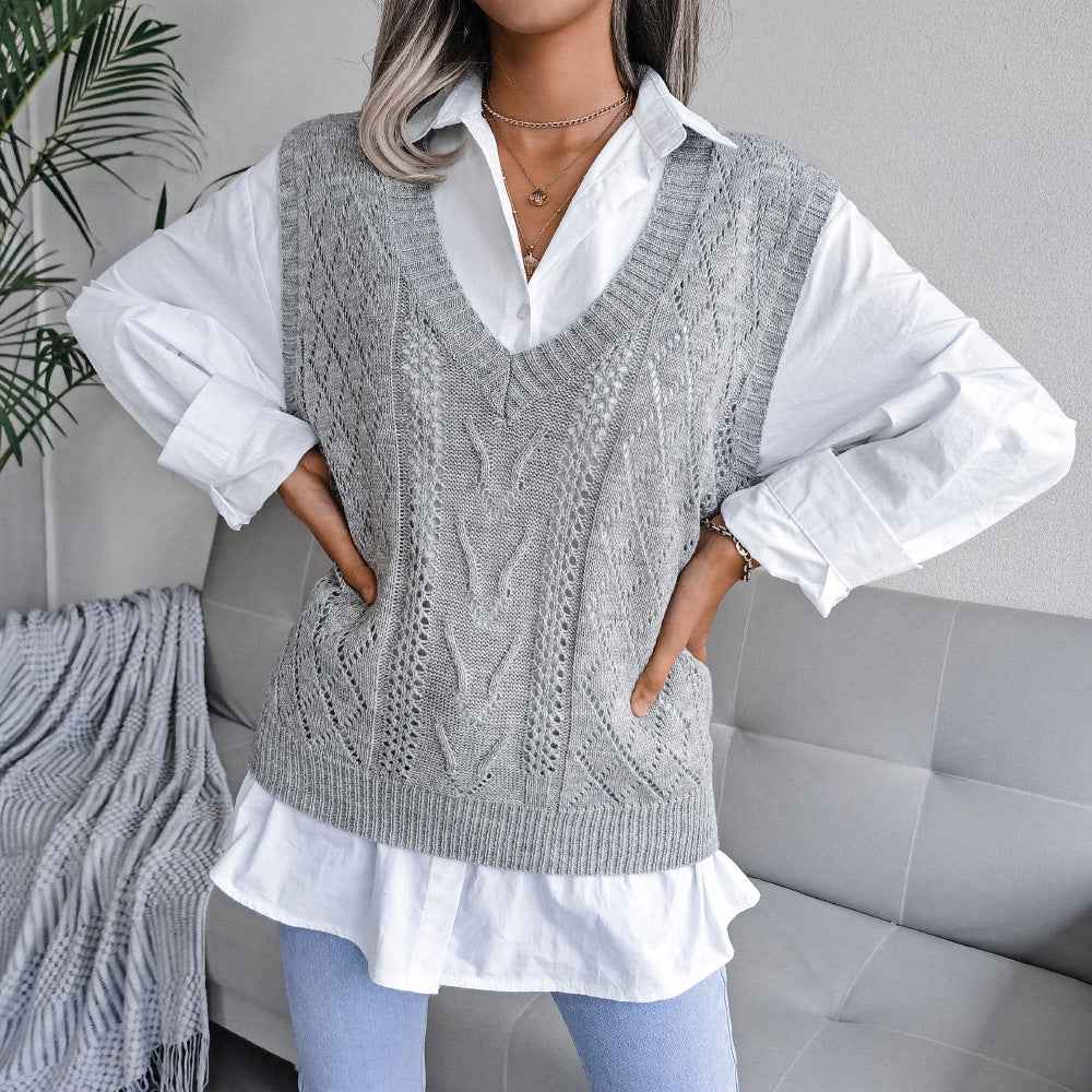 Sarah Express Women's Cable Knit Sleeveless Sweater Vest - Hollow Out V-Neck Pullover