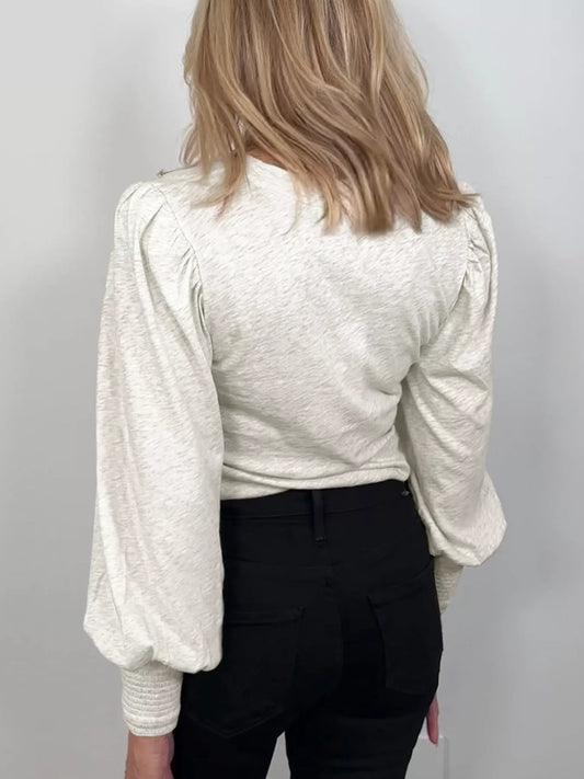 Sarah Express Women's Casual Round Neck Long Sleeve Smocked Cuff Top